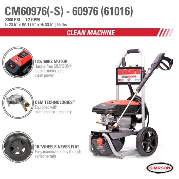 SIMPSON 1.2-GPM Clean Machine 2300 PSI 1.2-GPM Cold Water Electric Pressure Washer with 3 Spray Tips (Battery Included) CM60976