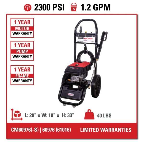 SIMPSON 1.2-GPM Clean Machine 2300 PSI 1.2-GPM Cold Water Electric Pressure Washer with 3 Spray Tips (Battery Included) CM60976