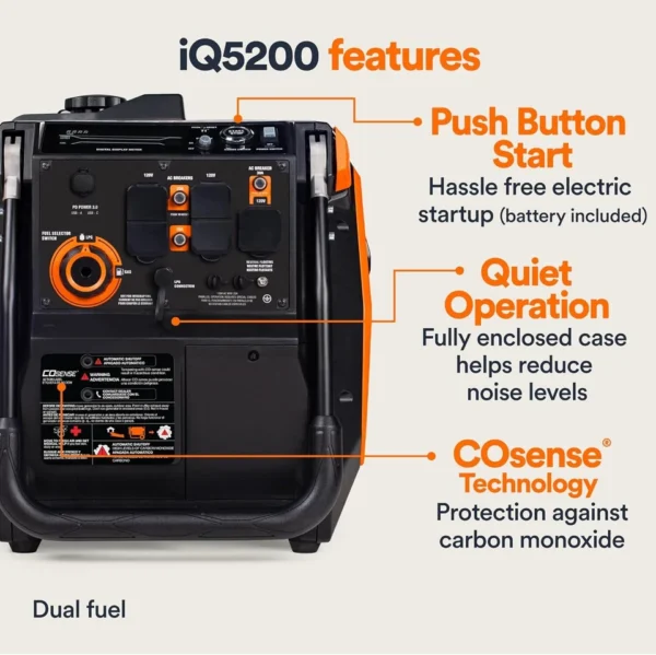 Generac iQ5200 DF 3900 Watt Electric Start Dual Fuel Inverter Generator