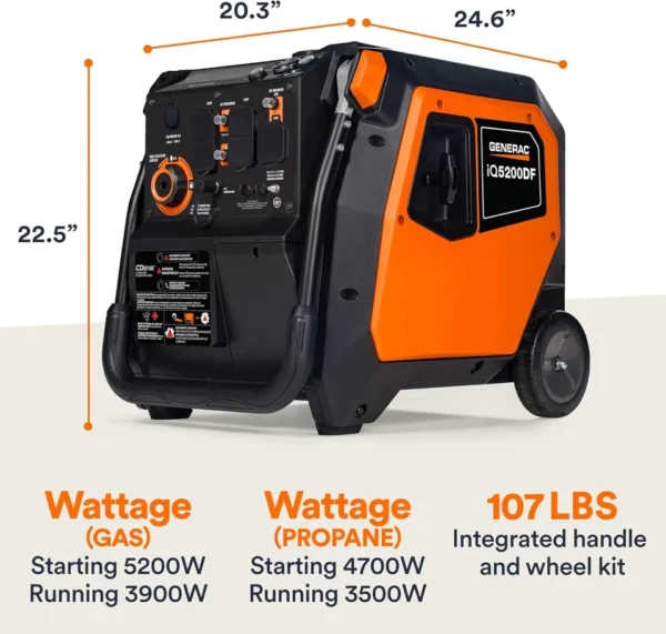 Generac iQ5200 DF 3900 Watt Electric Start Dual Fuel Inverter Generator